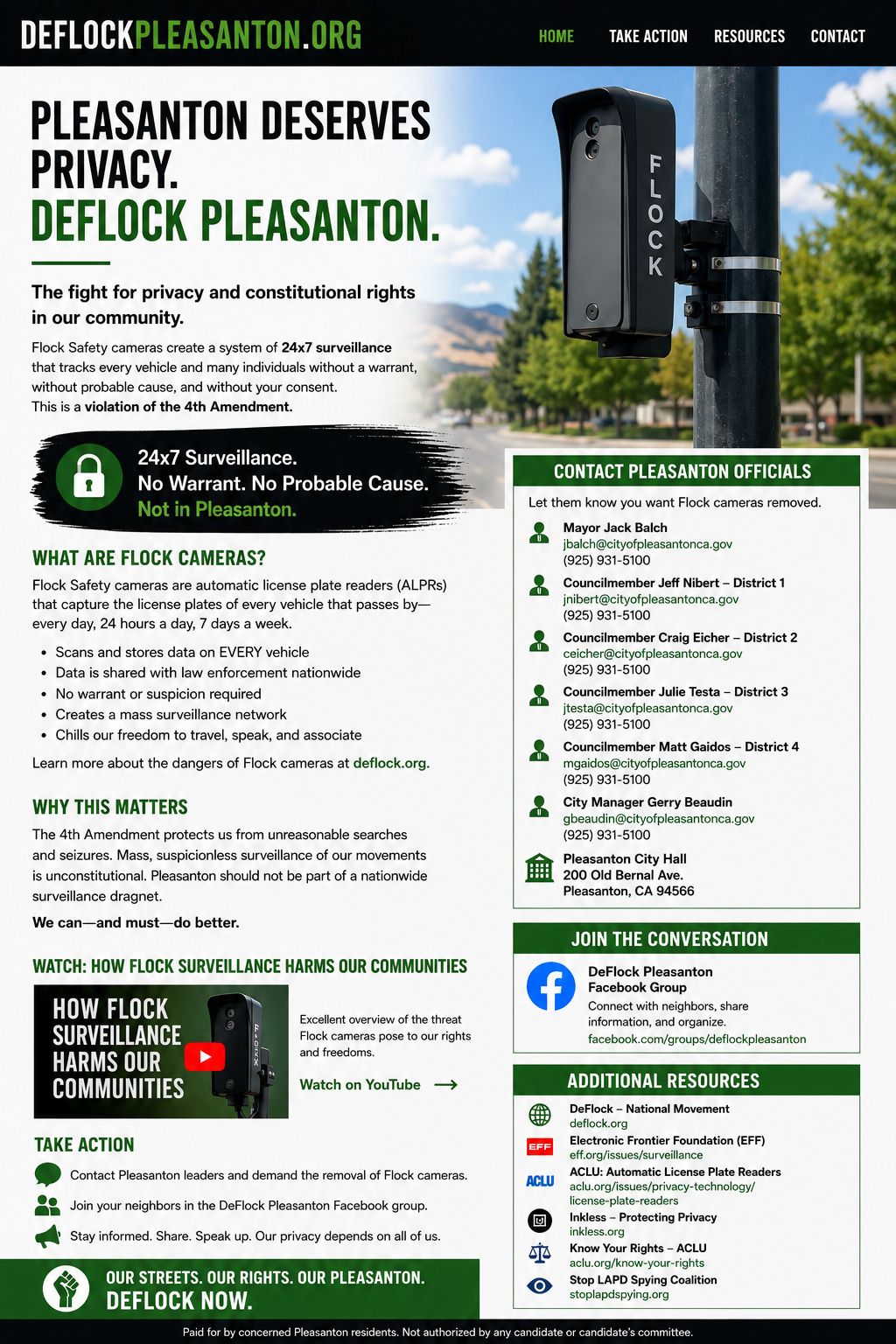 Advocacy illustration showing a Flock-style automated license plate reader mounted on a roadside pole